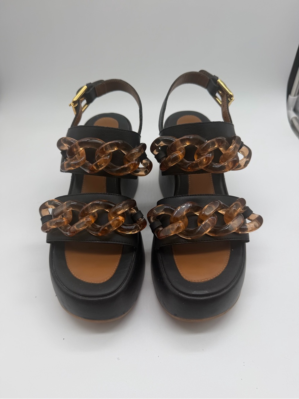 See by Chloé Black Platform Sandals with Tortoiseshell Chain Sz 39 EU 8 US